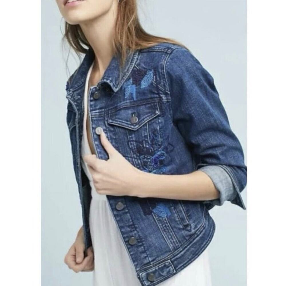 Anthropologie Pilcro Embroidered Sequin Beaded Floral Denim Jean Jacket Size S